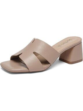 Women's Nude Square Open Toe Sandals Low Block Chunky Heels Slip on Casual Shoes